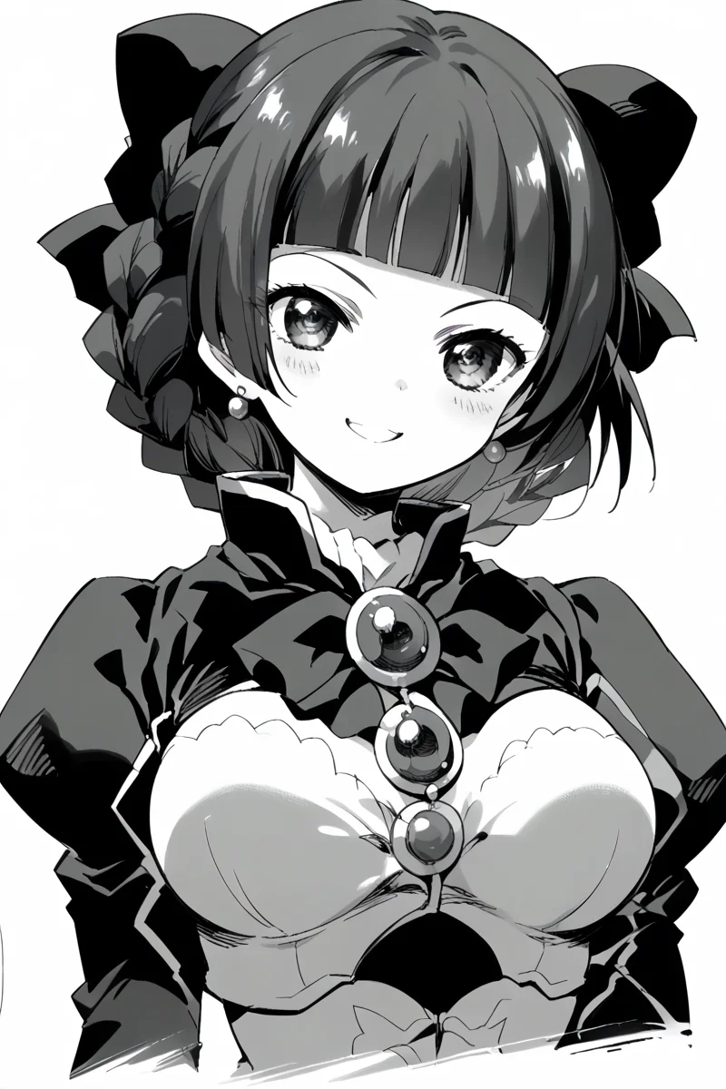score_9, score_8_up, score_7_up, score_6_up,
<lora:Mamiina:1> mamiina, greyscale, 1girl, monochrome, jewelry, earrings, braid, short hair, brooch, blunt bangs, bow, breasts, bangs, upper body, long sleeves, looking at viewer, sibylla,
<lora:Kihyahya:1> kihyahya, smile,