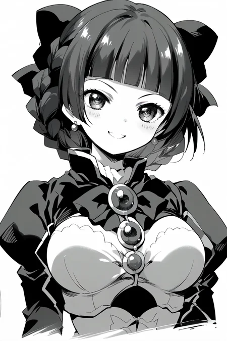 score_9, score_8_up, score_7_up, score_6_up,
<lora:Mamiina:1> mamiina, greyscale, 1girl, monochrome, jewelry, earrings, braid, short hair, brooch, blunt bangs, bow, breasts, bangs, upper body, long sleeves, looking at viewer, sibylla,
<lora:Kihyahya:1> kihyahya, smile,