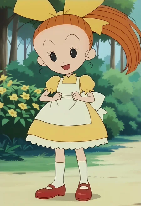 score_9, score_8_up, score_7_up BREAK AliceFF, 1girl, orange hair, black eyes, ponytail, yellow bow, yellow puff sleeve dress, white body apron, frilly white hemline, white socks, red mary-jane shoes, female, female focus, solo, solo focus, full body, screenshot, official art, parody, anime footage, official design, screencap, anime screenshot, official screenshot, 2d, anime, source_anime, happy, smiling, flower garden outdoors, flowers forest background,