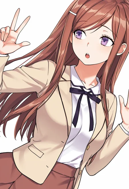 Smooth Quality,masterpiece,very intricate, high quality details, ultra realistic, high detailed skin,detailed enviorement,absurdres,
simple background, white background, dancing,skindentation, solo,dutch angle,middle w,
<lora:Dasom_Lee_CNR:0.8> dasom_cnr, 1girl, brown hair, long hair, bangs, purple eyes,hairclip,dasom_def_cnr,school uniform, shirt, long sleeves, jacket,brown skirt, neck ribbon,, open mouth,, uwu,