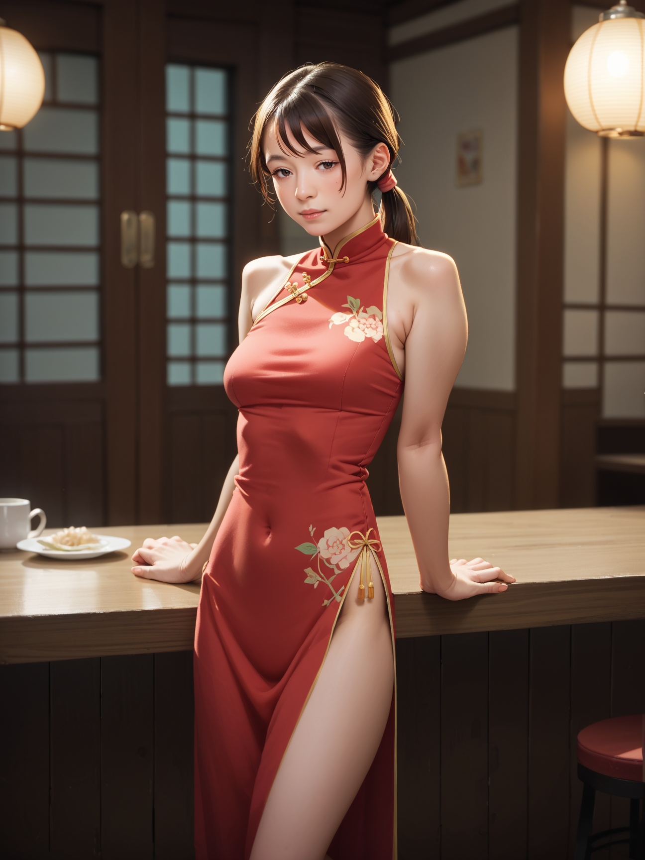 score_9, score_8_up, score_7_up, score_6_up, score_5_up, score_4_up,
realistic, photograph,
1girl, low ponytail, <lora:low_ponytail-PD-1.0:1>, qipao, chinese restaurant, booth seating,