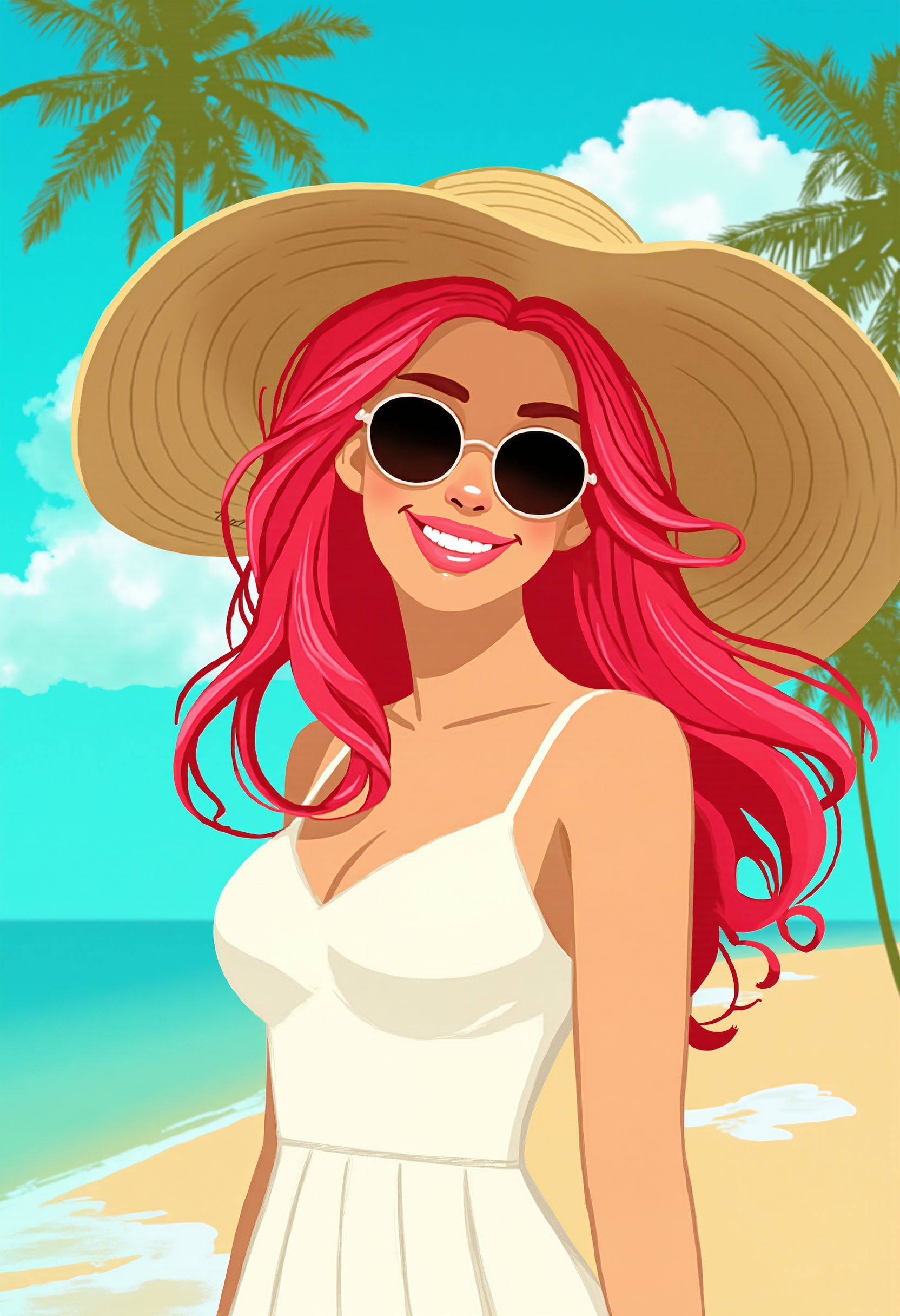 A digital artwork in the style of P0RTR4IT. It features a young woman with long, wavy, bright red hair cascading over her shoulders. She is wearing a large, wide-brimmed straw hat that casts a shadow over her face, which is adorned with sunglasses. Her lips are painted a glossy pink, and she has a subtle, confident smile. She is dressed in long white dress, with thin straps visible across her shoulders. The background is a bright, clear blue sky with a few fluffy white clouds, and the faint outlines of palm trees suggest a tropical or beach setting. The overall composition is cheerful and summery, capturing a relaxed, carefree vibe. The image uses smooth, clean lines and bright, bold colors, emphasizing the playful and sunny atmosphere. 