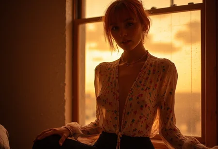 Photo of a freckled blushed hkmagic enchantress with Messy Red tousled witch hair and bangs, infront of a royal designed wooden window to an atmospheric sunrise behind billowing translucent Clouds, the Woman is wearing a colorful see through blouse and a dark-Blue knitted wooly pantyhose, the backlight hightlights her breasts silhouette and nipples, sideboob Silhouette, her small breasts are visible through the fabric, highly detailed, atmospheric lighting, breast Silhouette, moody golden hour lighting