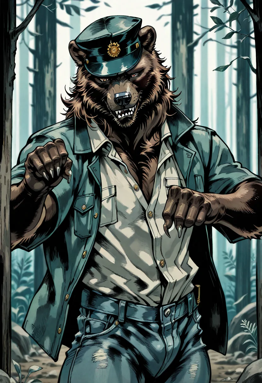 yshinkawa, anime, highly-detailed, best quality, masterpiece, newest, very aesthetic, 1boy, solo, anthro, muscular brown bear man, bara, muscular, detailed fur, sharp teeth, confident, furry body, paws, claws, unbuttoned shirt, hat, jeans, posing, upper body, BREAK outside, forest, blurred background