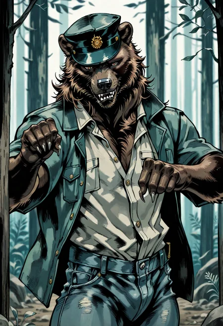 yshinkawa, anime, highly-detailed, best quality, masterpiece, newest, very aesthetic, 1boy, solo, anthro, muscular brown bear man, bara, muscular, detailed fur, sharp teeth, confident, furry body, paws, claws, unbuttoned shirt, hat, jeans, posing, upper body, BREAK outside, forest, blurred background
