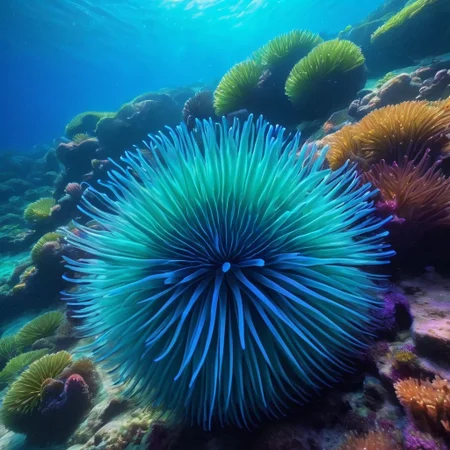 Solo, No Humans, Animal focused, high contrast, stylized, dark, clear, surreal, ultra quality, 8k, best quality, masterpiece, seaurchin, Seaanemone, sandstone, oldstone, Stingray, radiant light, dappled light, Blue green light, A sting ray swims along the ocean floor while the majestic sea reef around it swarms with life, small fish swim to it's side and sea urchins and and sea anemone coat the floor in brilliant color and unnatural hues.