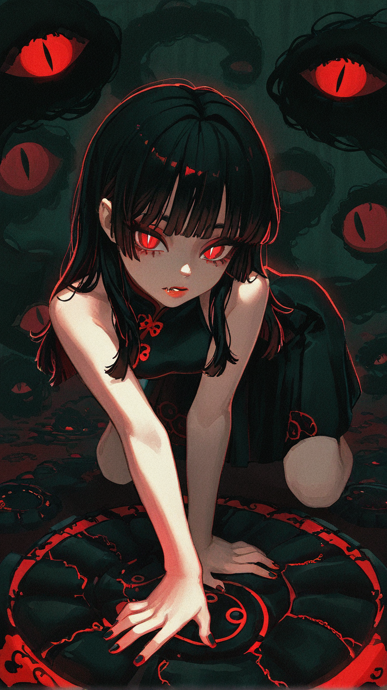 1girl, solo, long_hair, looking_at_viewer, bangs, black_hair, red_eyes, dress, parted_lips, sleeveless, fang, nail_polish, black_dress, lips, fingernails, glowing, slit_pupils, all_fours, black_nails, glowing_eyes