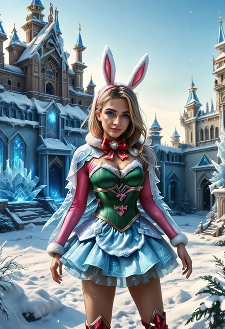 score_9, score_8_up, score_7_up, score_6_up, score_5_up, score_4_up, rating_safe, c4lyx, highly detailed, complex composition, Gwen Stacy, dynamic lighting, intricate textures, high-contrast lighting, whimsical and modern aesthetic, spider-gwen suit, bokeh, palace, garden, flexible anatomy, head tilt, light smile, 28 years old, red knee boots, 1girl, d.va (overwatch), dva nocturna, glowing tattoo, Older woman, (ice palace:1.9), mgrcirinakushu, kshwtr, blonde hair, low ponytail, blue eyes, pink hair ornament, fake rabbit ears, white fur capelet, red bowtie, pink gradient coat, green corset, blue layered skirt, (snow:1.8).