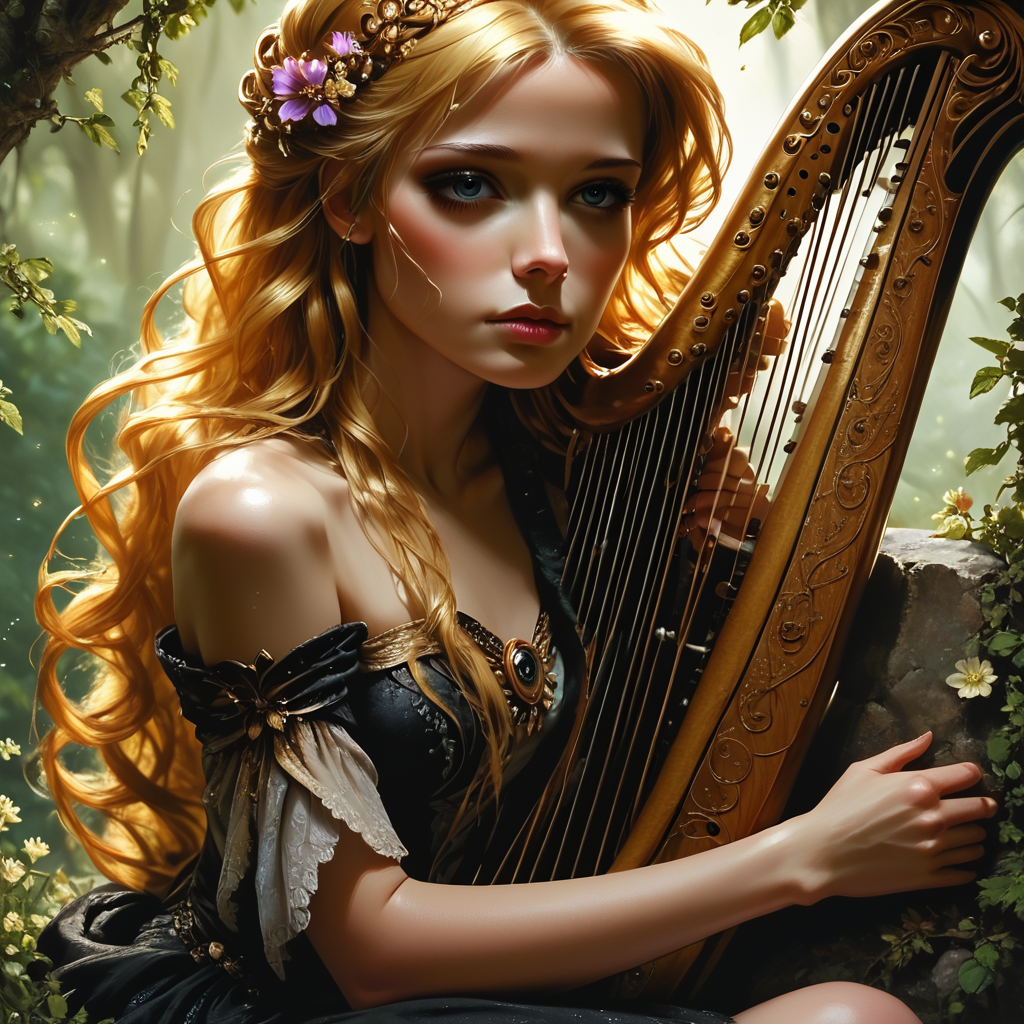 Score_9, score_8_up, score_7_up, score_6_up, BREAK <lora:Ethereal_Gothic_RenaissancePony:1> ArsMJStyle, Etherial Gothic, The image shows a woman sitting on a rock playing a harp. She is wearing a dress and has a peaceful expression on her face. The background of the image is filled with trees and a wall creating a peaceful atmosphere., 1girl, solo, blonde hair, long hair, instrument, flower, harp, sitting, jewelry, dress
