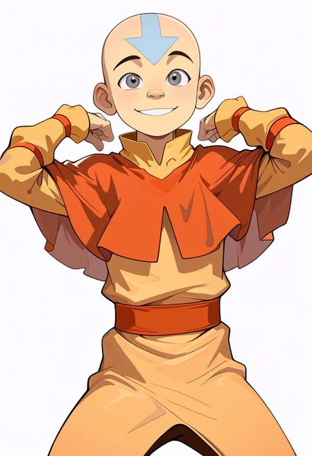 masterpiece, absurdres, high quality, perfect anatomy, 1boy, solo, cute boy, male focus, smiling, Aang, Grey Eyes, Bald, Blue Facial Marking, Blue Arrow (Symbol) Tattoo On Forehead, Air Nomad Outfit, Yellow Shirt, Long Sleeves, Orange Capelet, orange sash belt, white background, simple background,