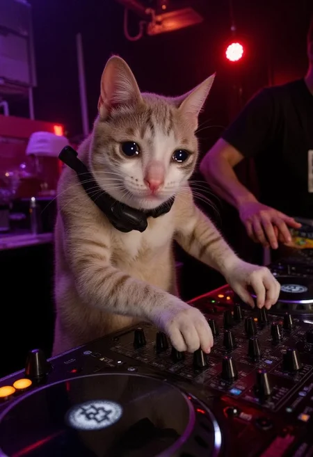 b0173r_r00m, crying cat playing a dj set a boiler room nightclub alone.