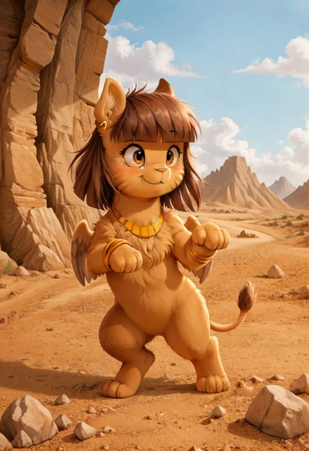 full body, ((solo)), furry, fluffy, fluffy fur, perfect eyes, zPDXL3, ((action_pose:1.5)), sfw,
cute female furry feral chibi m4gp1e, bipedal, blushing, rocks, source_furry, m4gp1e, sphinx, feral, jewelry, bracelets, wings, smiling,
(((outside desert mountain))),
(high detailed face), (high art quality), (high detailed), 4k, (high resolution), (8k resolution), masterpiece, best quality, ((scenery)), detailed background