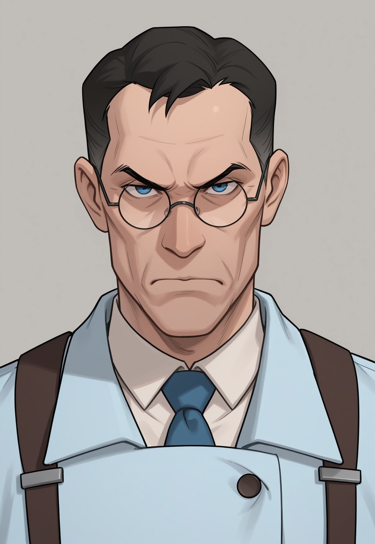 anime, masterpiece, best quality, detailed background, 8k, 1boy, solo, medic (tf2), mature man, blue eyes, black hair, very short hair, glasses, round eyewear, white shirt, blue tie, light blue labcoat, brown suspenders, serious, gray background, half body, face focus, close-up, turning to viewer, glaring at viewer, no pose