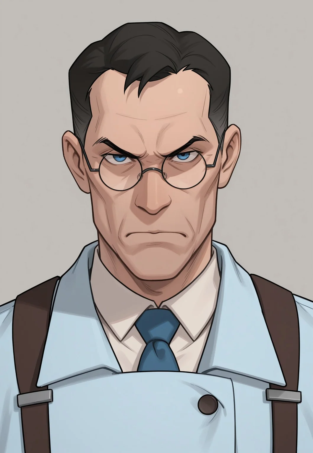 anime, masterpiece, best quality, detailed background, 8k, 1boy, solo, medic (tf2), mature man, blue eyes, black hair, very short hair, glasses, round eyewear, white shirt, blue tie, light blue labcoat, brown suspenders, serious, gray background, half body, face focus, close-up, turning to viewer, glaring at viewer, no pose