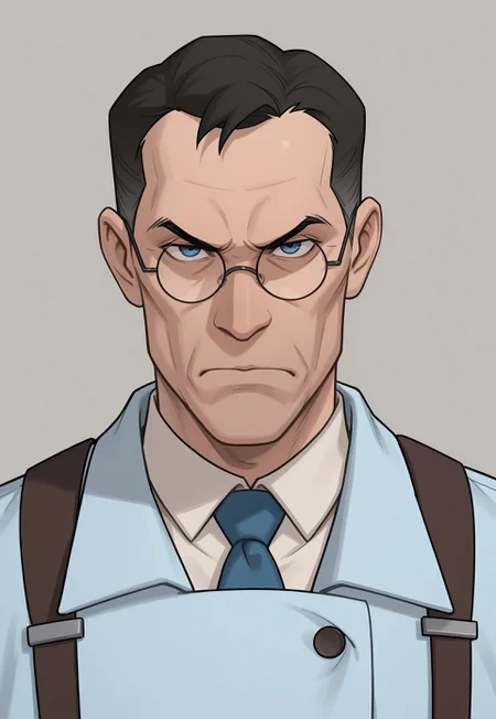 anime, masterpiece, best quality, detailed background, 8k, 1boy, solo, medic (tf2), mature man, blue eyes, black hair, very short hair, glasses, round eyewear, white shirt, blue tie, light blue labcoat, brown suspenders, serious, gray background, half body, face focus, close-up, turning to viewer, glaring at viewer, no pose