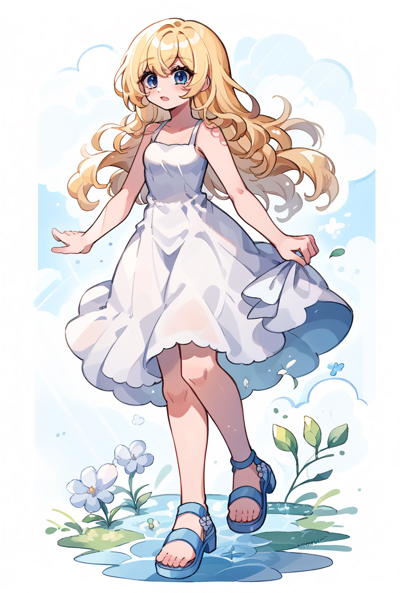 score_9, score_7_up, source_anime, highly detailed, BREAK  <lora:Namine:1> namine, 1girl, blue eyes, blonde hair, long hair, white dress, sleeveless dress, spaghetti strap, sandals, <lora:Momoiiroo_Art_Style_PonyXL:1> momoiiroo,