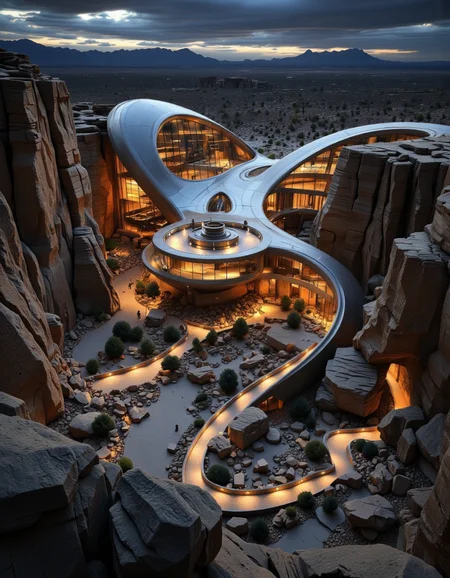 Futura. A photo-realistic shoot from a bird's eye view about a futuristic building nestled in a rocky landscape at night, featuring a unique architectural design with curved glass and metallic surfaces. the building is situated in the middle of the image, nestled between two rocky cliffs, with a desert landscape and distant mountains in the background. the sky is dark and cloudy, and the lighting is warm and dramatic, casting a golden glow on the building and the surrounding landscape. on the right side of the building, there is a winding road leading up to it, and on the left side, a few people can be seen walking along it. the overall atmosphere is one of serenity and tranquility, with the building's sleek and modern design standing out against the rocky terrain. <lora:Futura-000005:1>