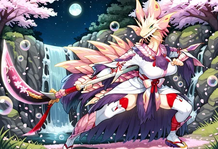 masterpiece, ultra-high res, 8k, 4k, amazing quality, best quality, highres, absurdres, ultra detailed, hyper detailed, detailed background, depth of field, very aesthetic, cinematic lighting, dynamic lighting, detailed eyes, beautiful eyes, expressive eyes, pupils, no humans, 1girl, solo, Anthro, mizutsune, mhmitsu, blue eyes, chest tuft, arm tuft, leg tuft, yellow nose, large breasts, natural breasts, hourglass figure, small waist, mizutsune armor, white kimono, white detatched sleeves, white thighhighs, yellow sandals, pink naginata, holding pink naginata, standing, dynamic pose, fighting stance, confident, smirk, starry sky, night sky, full moon, river, waterfall, grass, bubble, petals, cherry blossoms, syuro_st32