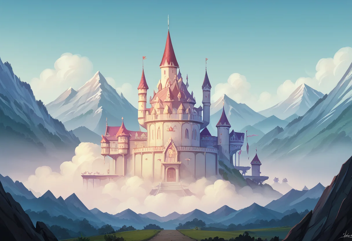hi_res, score_9, score_8_up, sharp focus, castle, mountains, sky, clouds <lora:MLP_Style:1>