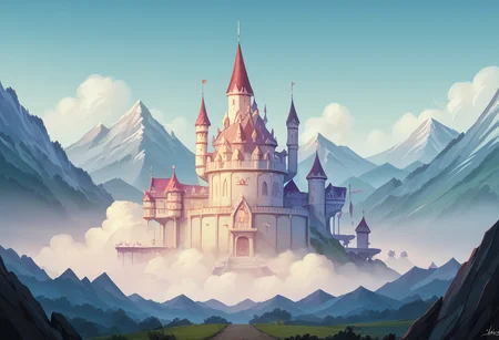 hi_res, score_9, score_8_up, sharp focus, castle, mountains, sky, clouds <lora:MLP_Style:1>