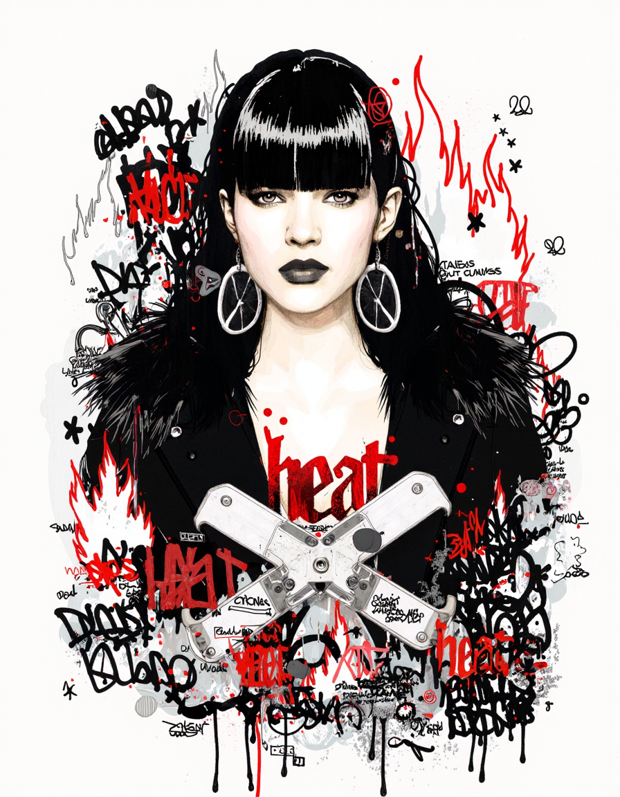 By Raphael Vicenzi. This image is a digital drawing of a woman with a dark, tousled hairstyle and bangs. She has pale skin and full, red lips. Her expression is neutral, with a slightly pensive look. She is adorned with various graffiti-style text and symbols, including the word "heat" in red and black, and a large, stylized "X" in white and black, crossing over her chest. Below the X, there is a pair of large, black, butterfly-shaped earrings. The background is a mix of black, white, and red, with abstract flames and scribbles, giving a gritty, urban feel. There are also small, scattered text fragments and doodles in various colors, adding to the chaotic and edgy aesthetic. The woman's attire includes a black, fur-trimmed jacket with a high collar, adding a touch of elegance amidst the rough, urban elements. The overall style of the drawing is a blend of graffiti art and digital illustration, characterized by bold lines and vivid colors. The image conveys a sense of rebellion and nonconformity, with a focus on the subject's expression and the intricate layering of text and symbols. <lora:Raphael_Vicenzi:1.0>