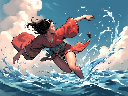 young girl, running, water magic, dynamic pose, japanese clothes, red kimono, water, sky, coulds, splashing, dynamic angle, solo, <lora:FrankChoStyleV1:0.8>, score_9, score_8_up, score_7_up