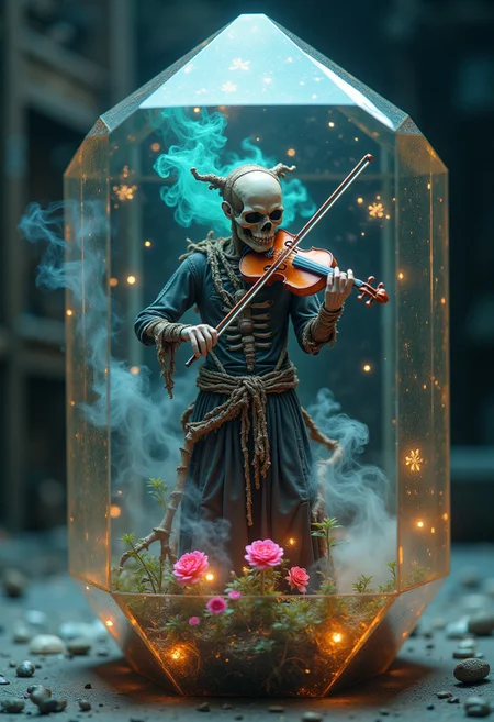 masterpiece, 8k, HDR, 3 D, best quality, photography, analog style, real life, extremely beautiful, (highly detailed, intricately detailed), A detailed close-up of an alien data crystal, a transparent, multifaceted object that refracts light in all directions. Inside the crystal, a miniature decaying zombie violinist with shredded clothing, half of his face gone to reveal a glowing skull beneath, playing a violin that appears to be made of bones and vines, the strings emitting iridescent notes in teal and magenta hues, smoke rising from the violin in the shape of flowers.
