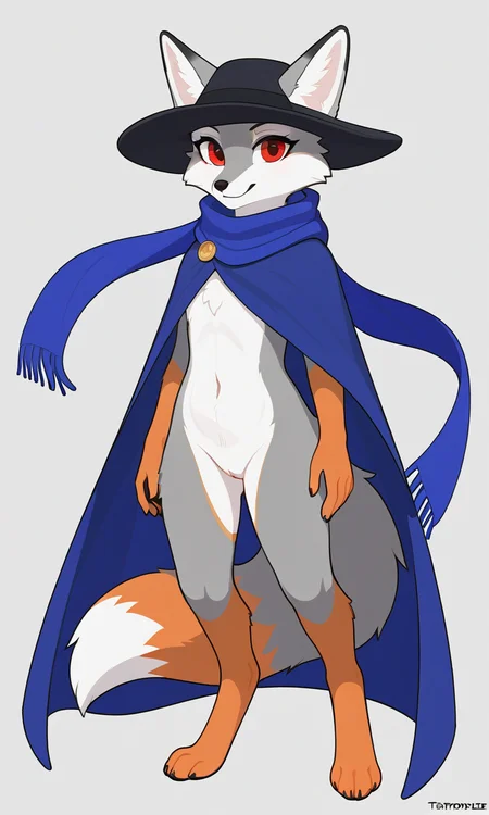 TVtrooper, female, ((fox animal)), red eyes, wearing a scarf and blue cloak, hat, Orange and grey fur, white belly fur, standing on two legs