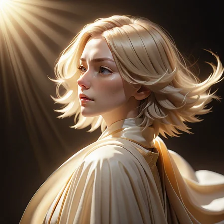 ((8k, best quality, masterpiece, extremely detailed, Rule of thirds)), (((light play, shadow play))), ((abstract background)), ((glamour photography)), ((cinematic, film grain)), ((anime aesthetic)), ((provocative)), ((soft light passing through hair)), ((short blond hair, floating hair)), ((cleric, cleric-robes, flowing robes, sheer, holy-light)), ((dynamic pose)), radiant-aura, profile-shot, close-up, eyes closed, reflective, shiny,