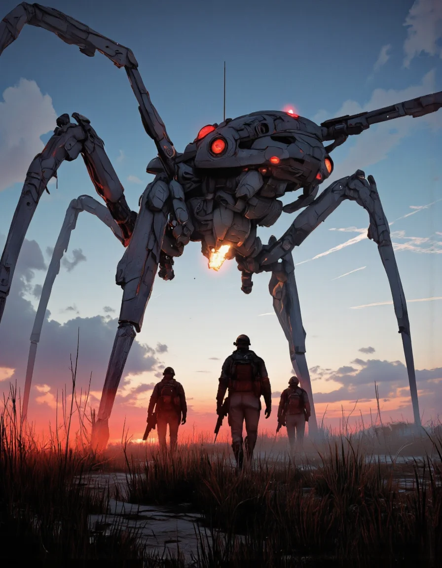 Art by Ronan Le Fur. A digital illustration shoot from a front camera angle about a futuristic, sci-fi scene featuring a large, imposing robot with a large spider-like structure and glowing red lights, accompanied by three silhouetted soldiers in a foggy landscape during sunset. the scene is set in a post-apocalyptic wasteland with tall grass and a distant horizon. the robot stands tall and imposing, with its legs spread wide, while the soldiers follow closely behind, each carrying a backpack and holding a gun. the soldiers are wearing full-body armor and helmets, and the robot has a sleek, metallic design with intricate details and a glowing red light at the top. the background features a gradient of blue and red hues, with a few faint contrails visible in the sky, creating a sense of depth and atmosphere. the overall mood of the image is ominous and foreboding, with the robot towering over the soldiers, adding to the sense of danger and isolation.