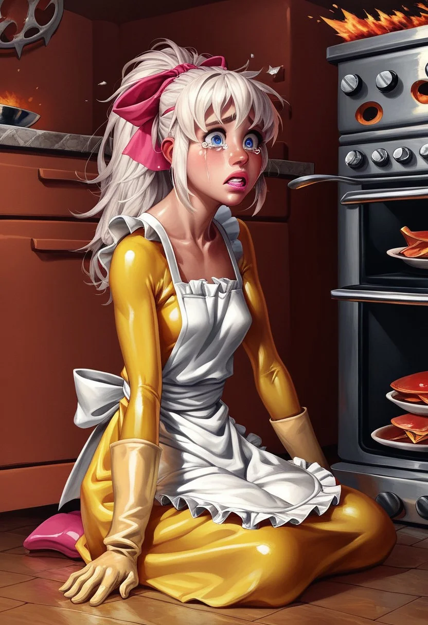 Style-Renaissance, lilboots-dh, painterly, score_9, score_8_up, score_7_up, score_6_up, (semi realistic), BREAK, (((solo))), (33 years old female), white apron, yellow dress, kitchen, pink flats, light blonde hair, ponytail, pink lipstick, light blue eyes, medium body, small breasts, thin hips, white hair ribbon, bulging eyes, buckteeth, large nose, yellow short rubber gloves, sitting on the floor, tears, sad, BREAK, (red mess), food splatters, (((broken dishes))), water tap shooting water, (oven exploding), explosion, (catastrophe), radiant darkness