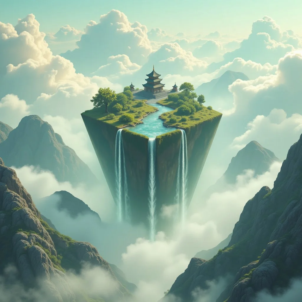 M1CR0CUB3D, aidmafluxpro1.1, A cubed zen island levitating between layers of clouds, where stone temples hover in concentric orbits. Below, endless waterfalls fall into nothingness, looping via wormhole-like portals. Palette: pale jade, gold leaf, mist white. Style: serene Eastern sci-fi fusion, soft ambient lighting, elevated depth of field.