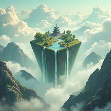 M1CR0CUB3D, aidmafluxpro1.1, A cubed zen island levitating between layers of clouds, where stone temples hover in concentric orbits. Below, endless waterfalls fall into nothingness, looping via wormhole-like portals. Palette: pale jade, gold leaf, mist white. Style: serene Eastern sci-fi fusion, soft ambient lighting, elevated depth of field.