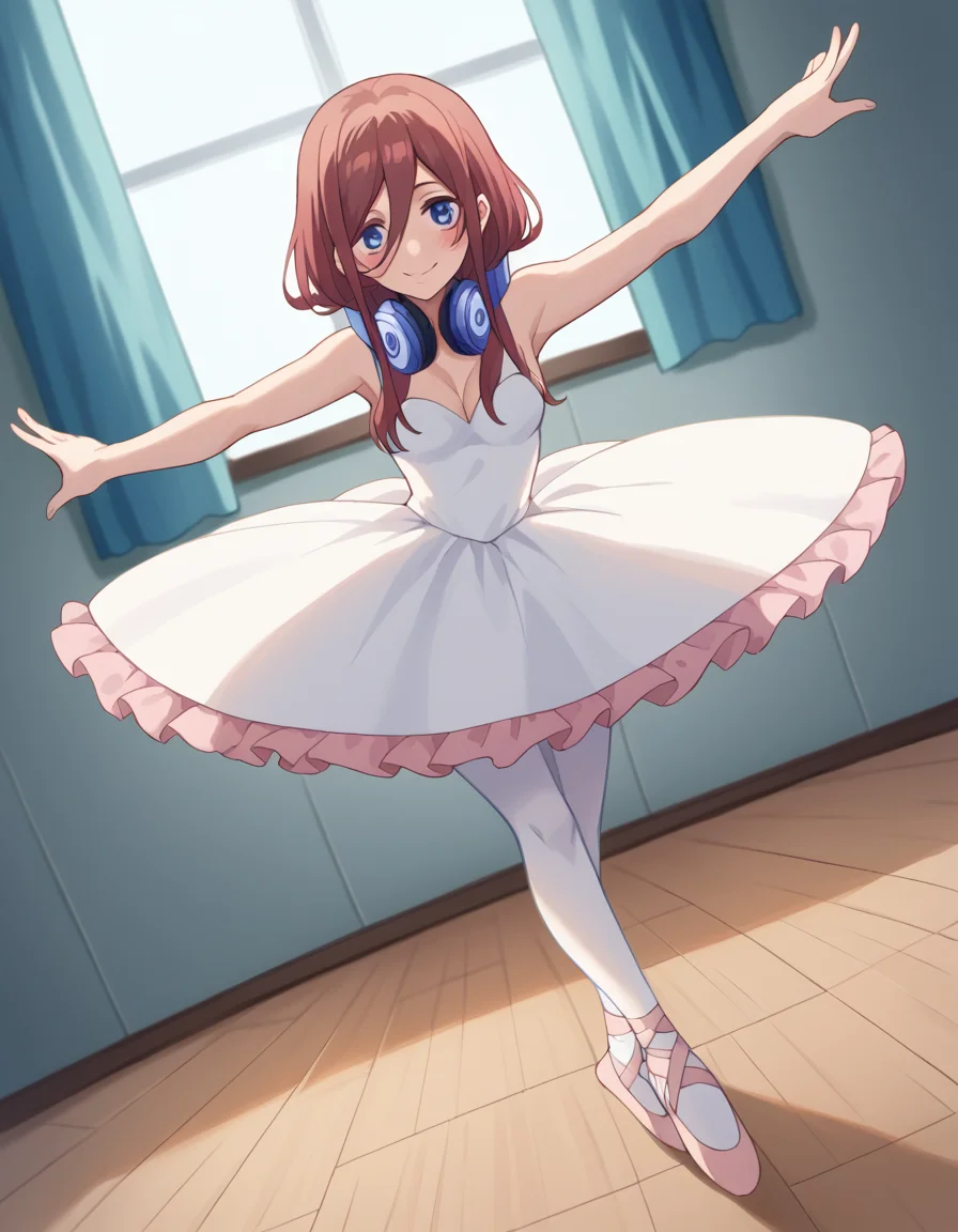 score_9, score_8_up, score_7_up, source_anime, mikunakano, <lora:miku-nakano-s1-ponyxl-lora-nochekaiser:1>, miku nakano, long hair, bangs, blue eyes, brown hair, hair between eyes, headphones, headphones around neck,, <lora:tutu-ponyxl-lora-nochekaiser:1>, tutu, ballerina, ballet, ballet slippers, white pantyhose,, indoors, dancing, smile, blush,, full body, dutch angle, looking at viewer,