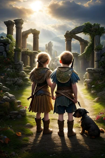 Masterpiece, closeup, hd, 8K, Fantasy art, award winning drawing of a two kids and a dog entering in a harvest festival, rugged clothes, ancient ruins in backround back view, intricate details,