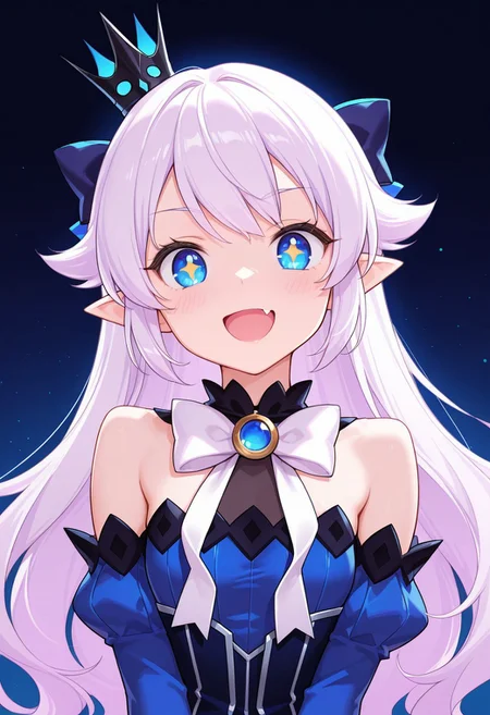 (masterpiece, best quality, highres, very aesthetic, very awa), (artist:ask_(askzy)),(artist:icwine:0.8),(artist:mignon:0.7),(artist:hwansang:0.8), 1 girl, Lubase, ElsLuBase, white hair, long hair, blue eyes, lu eyes, + +, pointy ears, mini crown, LuBase bow, LuBase dress, detached sleeves, lubase sleeves, close up, looking at viewer,open mouth, smile, fang