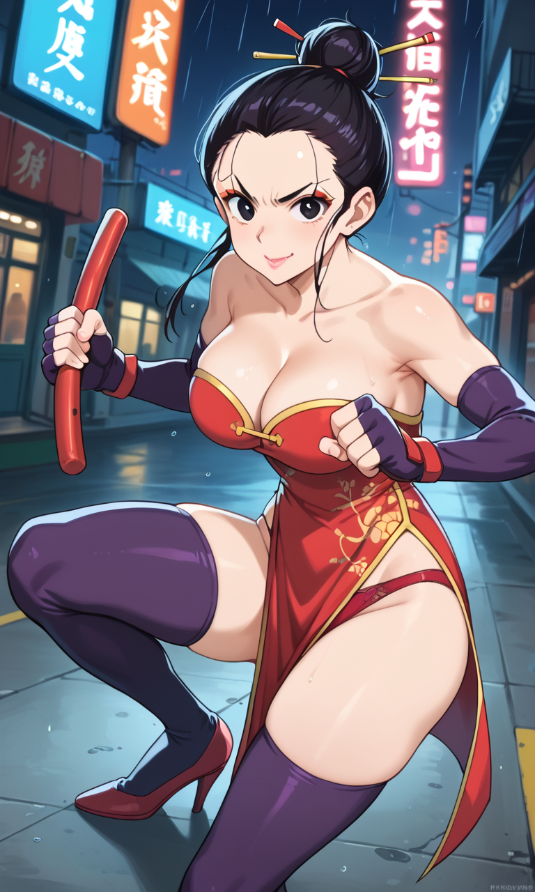 (1girl:1.5), (solo:1.3), (score_9, score_8_up, score_7_up, score_6_up, score_5_up, score_4_up), (source_anime), rating_questionable, (face_shot :1.3), looking at viewer, 
 <lora:maihashi_v1:1> (maihashi), (black eyes, black hair, hair up, single hair bun, hair stick, forehead, lips, lipstick, makeup), (red dress, chinese clothes, backless dress, strapless dress, bare shoulders, dark purple elbow gloves, fingerless gloves, dark purple thighhighs, high heels, collarbone, cleavage, red panties), (large breasts), angry, smile, 
 loving, upturned mouth, wide smile, holding, red weapon, (fighting stance:1.5), jumping, 
 future, decadent, rainy night in a cyberpunk city with glowing neon lights, standing,