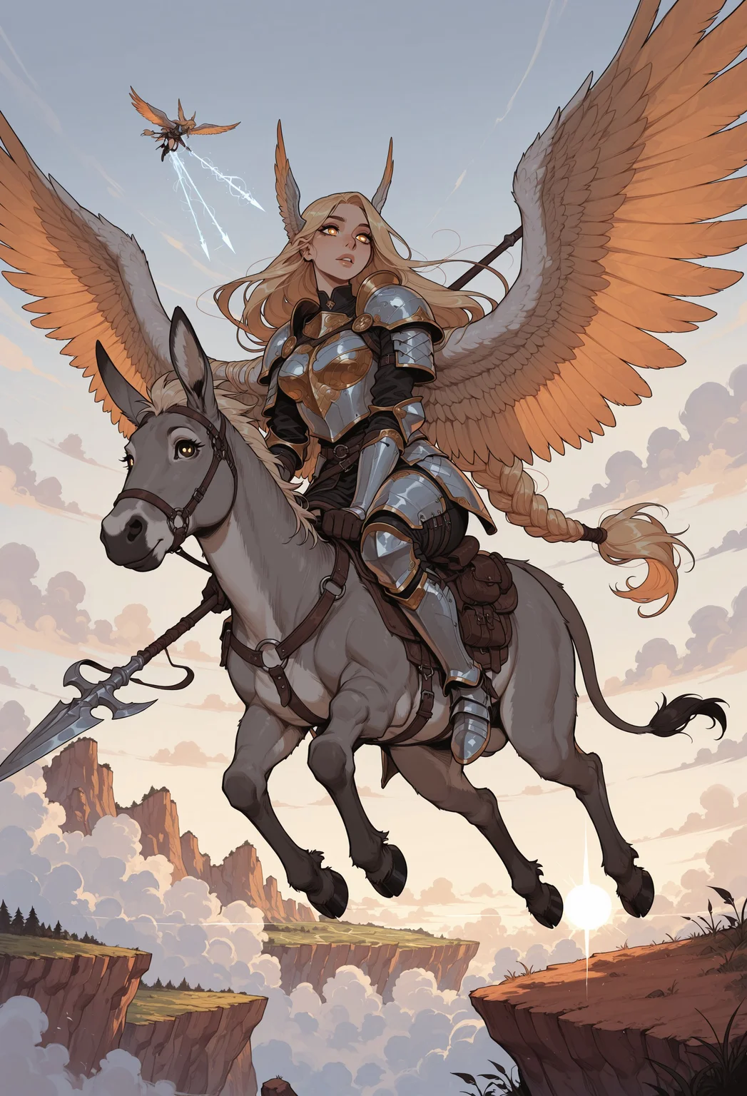 score_9, score_8_up, score_7_up, masterpiece, best quality, very aesthetic, incoth, (incase:0.6), detailed face, (dynamic:1), 1girl , perky, (curvy:0.7), (mature:0.7), Valkyrie, blonde hair, extremely long hair, braided, golden eyes, white pupils, nordic armor, fur, intricate design, spear, mythological, huge wings, riding flying donkey, clouds, flying, cliff, epic, dramatic lighting, donkey, celestial