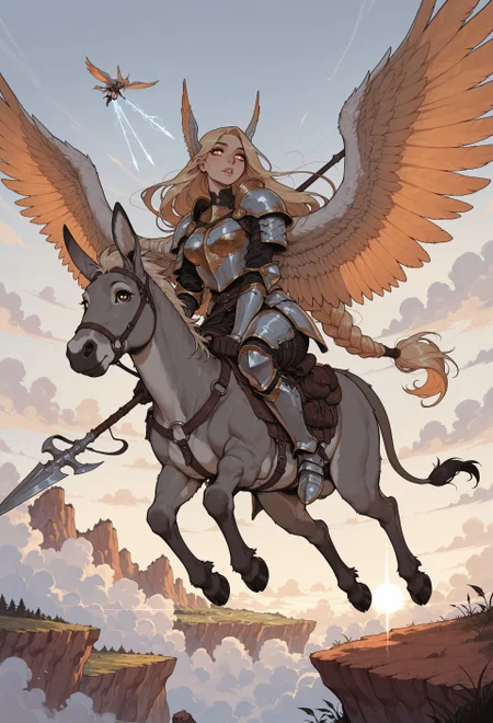 score_9, score_8_up, score_7_up, masterpiece, best quality, very aesthetic, incoth, (incase:0.6), detailed face, (dynamic:1), 1girl , perky, (curvy:0.7), (mature:0.7), Valkyrie, blonde hair, extremely long hair, braided, golden eyes, white pupils, nordic armor, fur, intricate design, spear, mythological, huge wings, riding flying donkey, clouds, flying, cliff, epic, dramatic lighting, donkey, celestial 