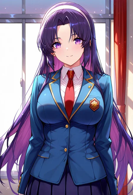 kayoBR, (absurdres, best quality, masterpiece:1.4), amazing quality, highres, newest, detailed, detailed body, detailed face, manga illustration, beautiful,
BREAK
1girl, solo, standing, smile, KanaBR, purple hair, purple eyes, long hair, parted bangs, white hairband, dark blazer, blue jacket, white inner shirt, necktie, pleated skirt