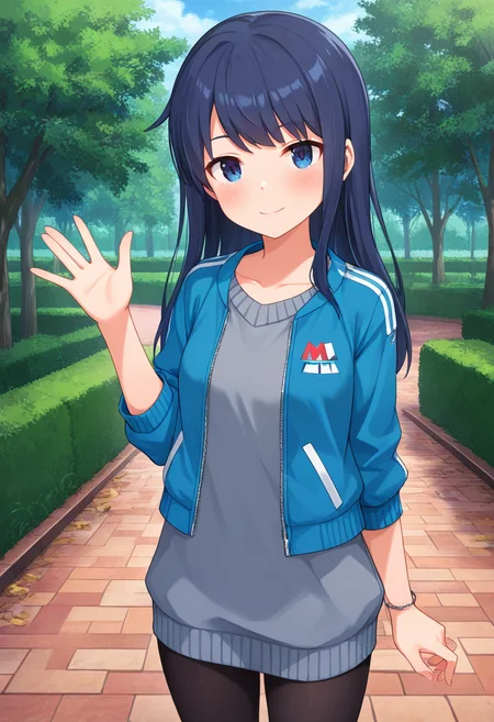 masterpiece, best quality, absurdres, very aesthetic, general, 1girl, mtmdef, mtm, dark blue hair, long hair, jacket, emblem, (grey sweater dress), bare wrist, black pantyhose, closed mouth, waving, park <lora:ILmutsumiAGA:0.7>