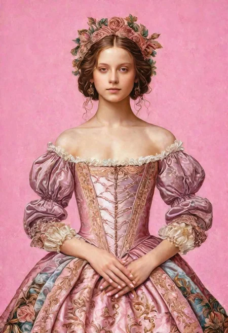 Pretty girl with dress with renaissance paint motif pink background highly detailed