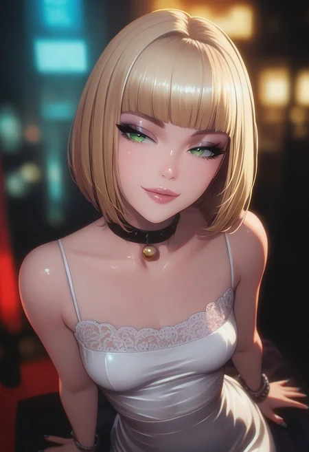 (score_9, score_8_up, score_7_up),
view from above, full body, volumetric lighting, vivid colors, 1girl, 21 years old, solo,
detailed, sexy pose,
blonde hair, bob cut, bangs,
petite, skinny, small perky breasts, shiny skin,
pretty face, green eyes, seductive look, smug, looking to viewer, blurry background,
ExpressiveH, GLSHS, PRSNL
