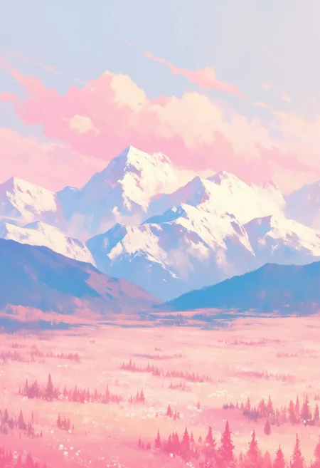 A snowy mountain range with soft pink clouds above it. A field of flowers stretching out below, soft pastel anime