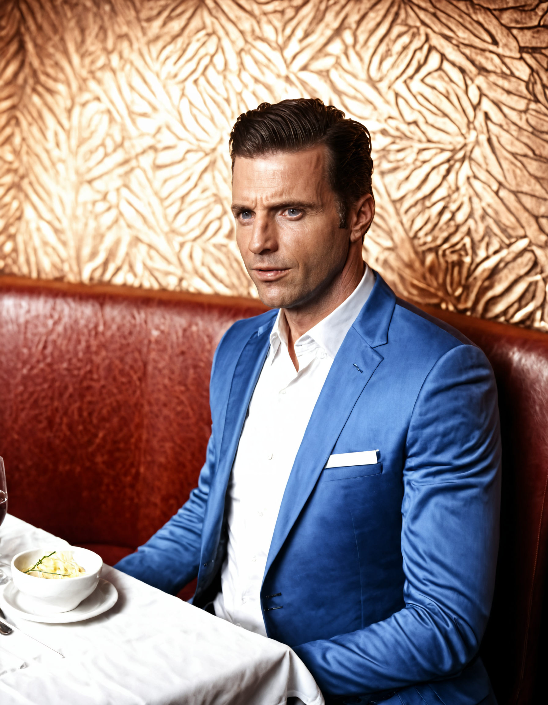 Skin Textures, High Resolution, High-Resolution Image, Cinematic, detailerlora, 1man, sitting in restaurant