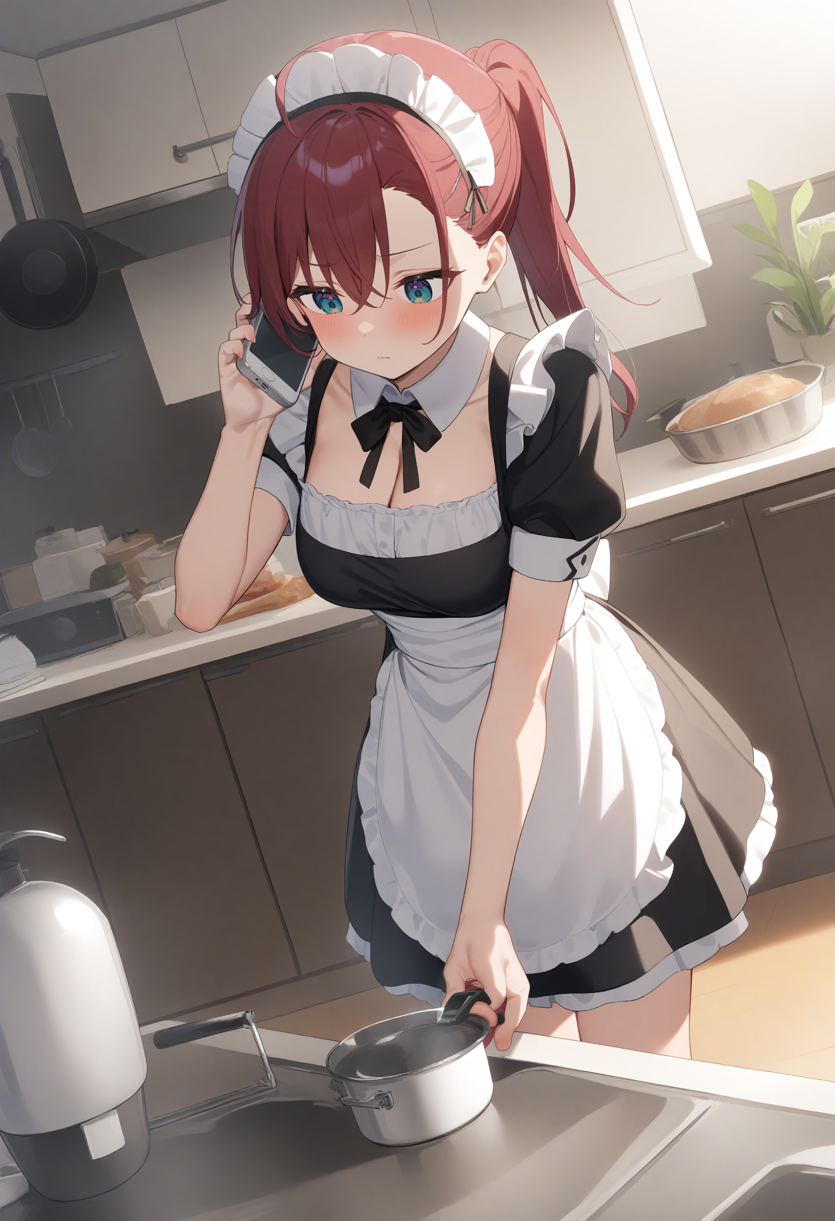 1girl,sincos, ningen mame, toosaka asagi,solo,large breasts,20yo,maid,maid headdress,
talking on phone ,smartphone,<lora:talkingonphone_XL_v1:0.8>
dutch angle, full body, looking down, red hair, aqua eyes,expressionless, kitchen, closed mouth, ponytail hair,,
masterpiece,best quality, very aesthetic, absurdres