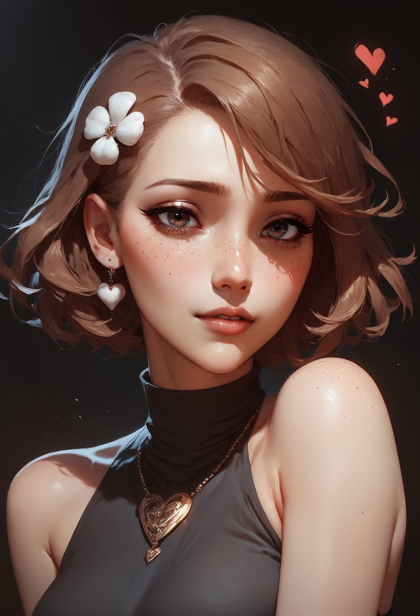 (score_9, score_8_up:1.1), score_7_up,  1girl, solo, expressive, hearts, dynamic, brown hair, short hair, brown eyes, pale skin girl, pale skin, freckles, turtleneck, bare shoulders, blush, white tulip hair ornament, looking_longingly, seductive, sexy_woman, black background  <lora:sdxl/pony_twilight_style:0.8> <lora:sdxl/Expressive_H-000001:0.8>