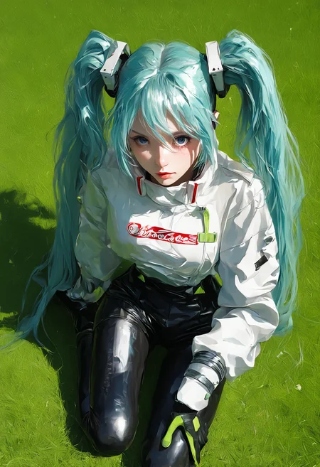 score_9,score_8_up,score_7_up,,source_anime BREAK, 1girl, solo,, s1_dram, from above, on grass, RHM22, hatsune miku, 1girl, racing miku, solo, green gloves, twintails, long hair, blue eyes, black bodysuit , two-tone gloves, aqua hair, hair between eyes, jacket, long sleeves, white jacket,<lora:S1_Dramatic_Lighting_v2:0.8>,<lora:ã¬ã¼ã·ã³ã°ãã¯22:1>