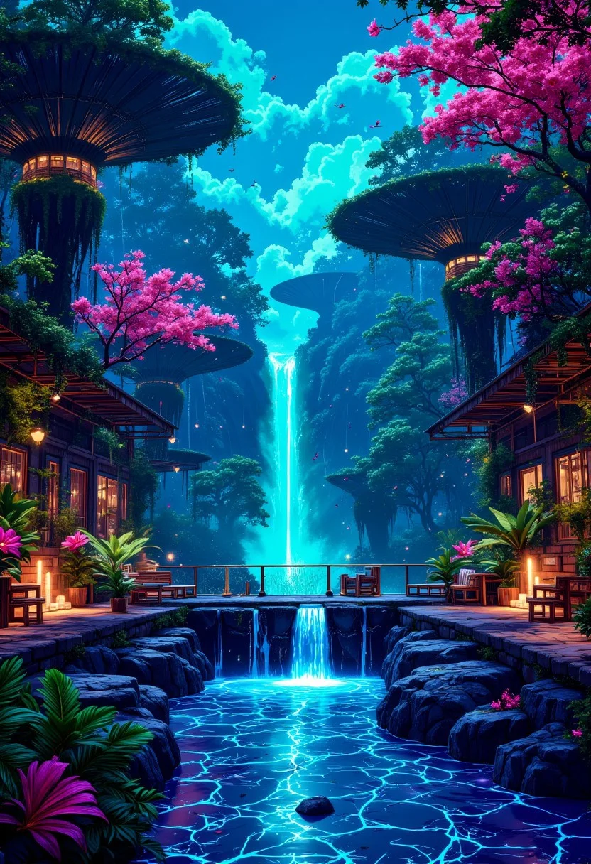 The Cyber Rainforest Atrium
A lush, neon-infused paradise, where towering digital ferns and bioluminescent orchids sway gently under a holographic aurora sky. The air hums with the soft buzz of holographic dragonflies, their wings leaving trails of shimmering cyan. A waterfall of liquid light cascades into a pixelated pond, its ripples sending waves of glowing teal across a floor of iridescent moss and marble inlays. The scent of tropical rain, petrichor, and electric citrus mist lingers in the air, blending with a slow, hypnotic synth melody.