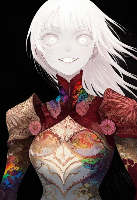 solo, looking at viewer, white eyes, upper body, black background, 1girl, long white hair, extremely pale skin, rainbow armor, smiling, close up, masterpiece, best quality, very aesthetic, absurdres
<lora:monfornoob:0.95>